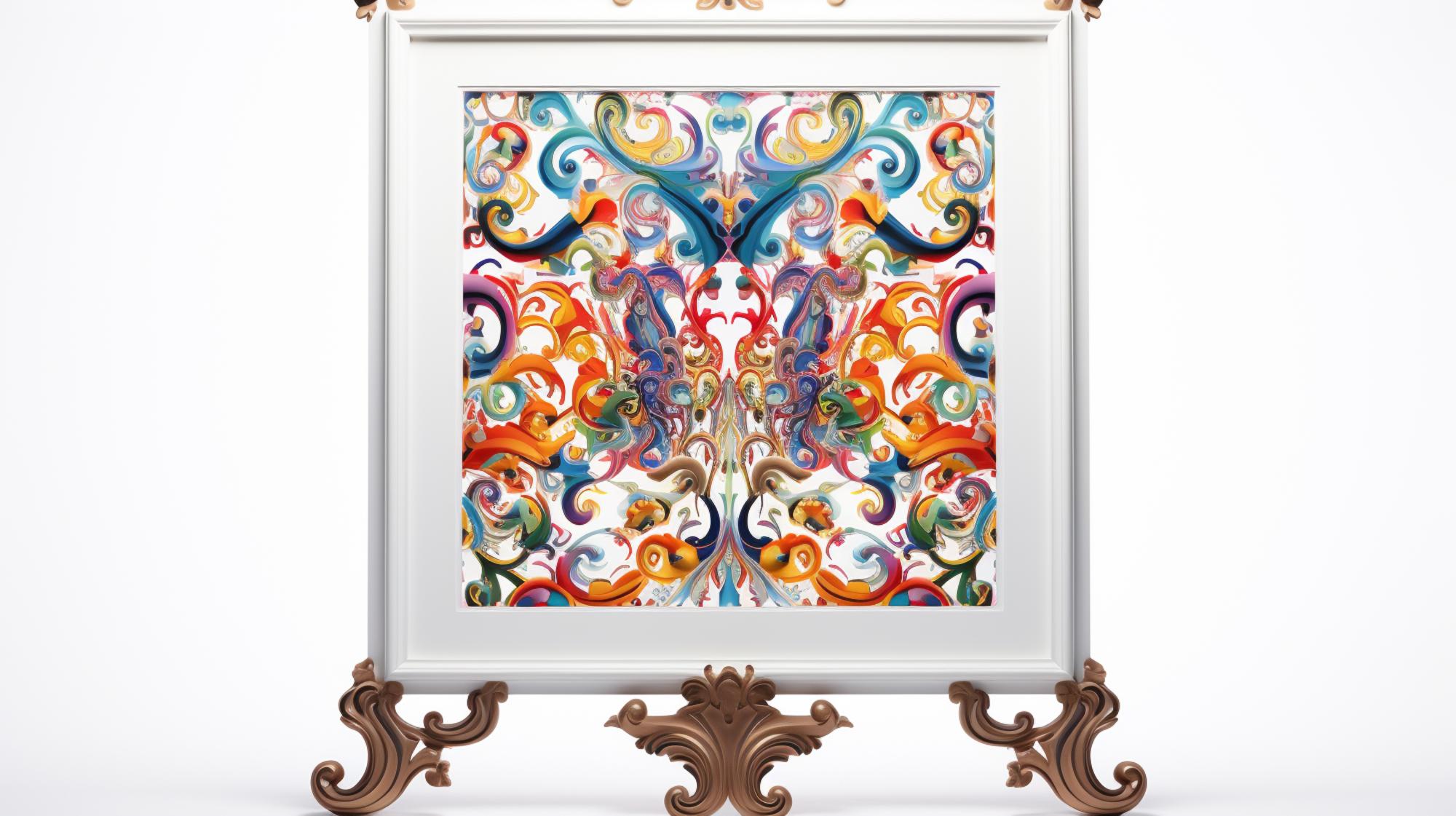 Large embroidered textile framed in studio